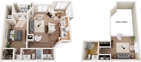 3D floor plan of a one bedroom two bathroom townhouse at Cambridge Apartments in Raleigh, NC